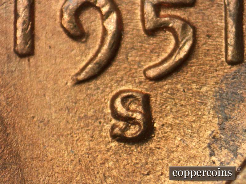 Die-stage B marker on 1951S•1DO•001 (1951 Doubled Die Obverse).