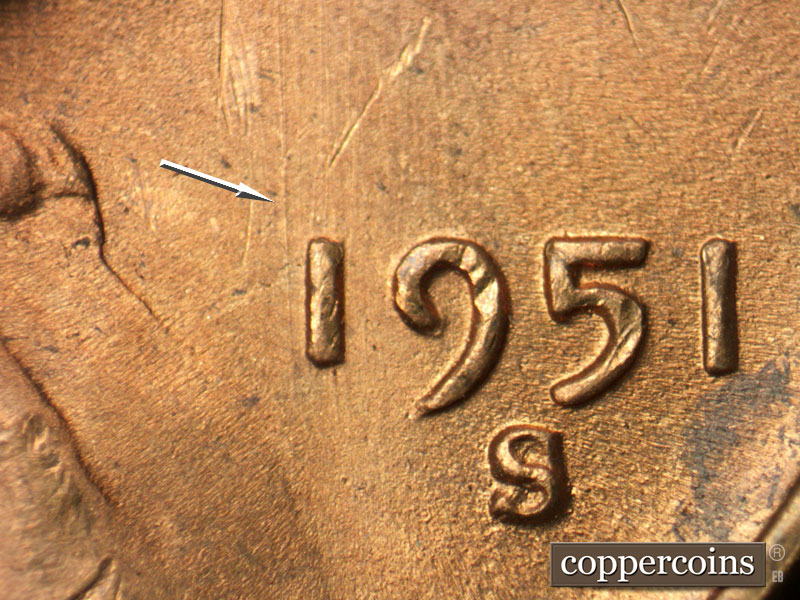 Die-stage B marker on 1951S•1DO•001 (1951 Doubled Die Obverse).