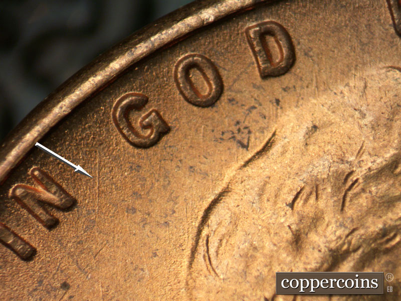 Die-stage B marker on 1951S•1DO•001 (1951 Doubled Die Obverse).