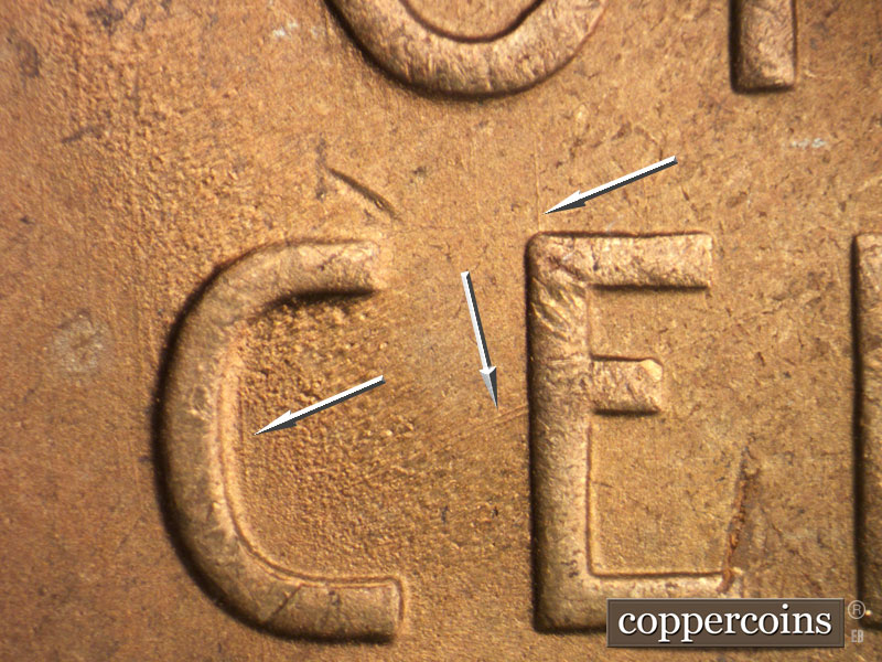 Die-stage B marker on 1951S•1DO•001 (1951 Doubled Die Obverse).
