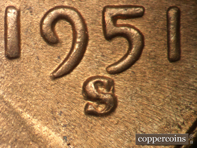 1951 Lincoln cent obverse, CopperCoins die 1951S•1MM•001.