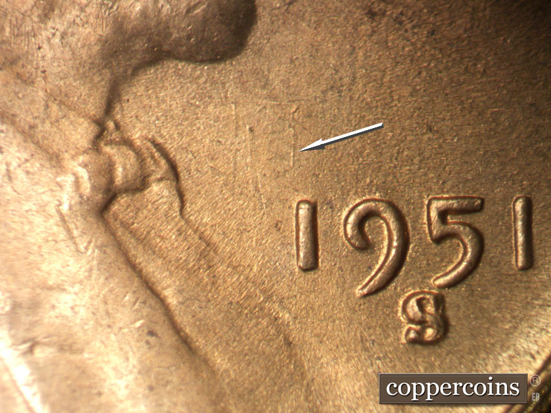 Die-stage B marker on 1951S•1MM•001 (1951 Repunched Mint Mark).