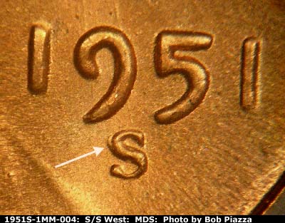 1951 Lincoln cent obverse, CopperCoins die 1951S•1MM•004.