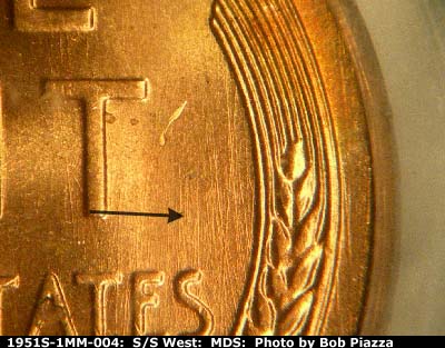 Die-stage B marker on 1951S•1MM•004 (1951 Repunched Mint Mark).