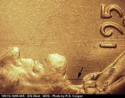 Die-stage B marker on 1951S•1MM•005 (1951 Repunched Mint Mark).