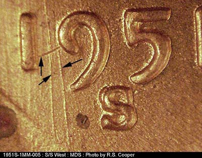 Die-stage B marker on 1951S•1MM•005 (1951 Repunched Mint Mark).