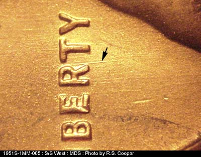Die-stage B marker on 1951S•1MM•005 (1951 Repunched Mint Mark).