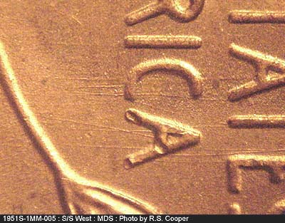 Die-stage B marker on 1951S•1MM•005 (1951 Repunched Mint Mark).