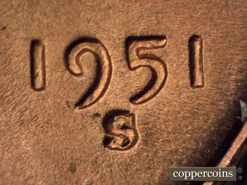 1951 Lincoln cent obverse, CopperCoins die 1951S•1MM•006.