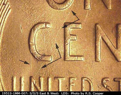 Die-stage C marker on 1951S•1MM•007 (1951 Repunched Mint Mark).
