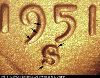 Die-stage C marker on 1951S•1MM•008 (1951 Repunched Mint Mark).