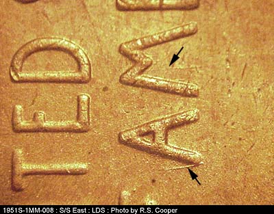 Die-stage C marker on 1951S•1MM•008 (1951 Repunched Mint Mark).