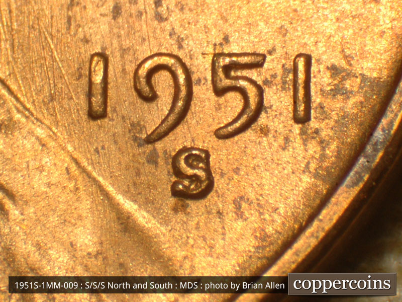 Die-stage B marker on 1951S•1MM•009 (1951 Repunched Mint Mark).