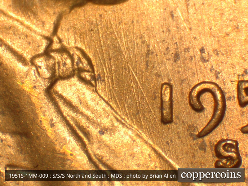 Die-stage B marker on 1951S•1MM•009 (1951 Repunched Mint Mark).