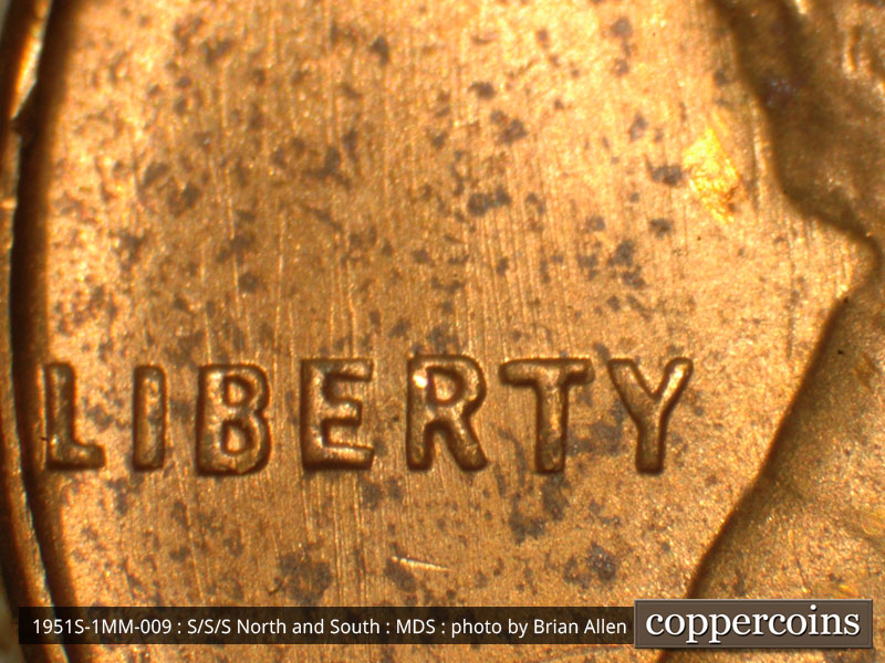 Die-stage B marker on 1951S•1MM•009 (1951 Repunched Mint Mark).