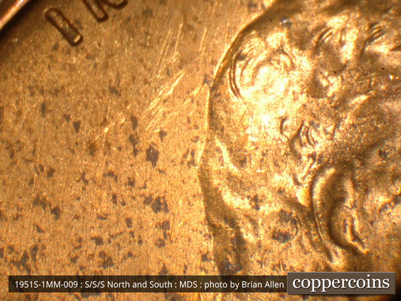Die-stage B marker on 1951S•1MM•009 (1951 Repunched Mint Mark).