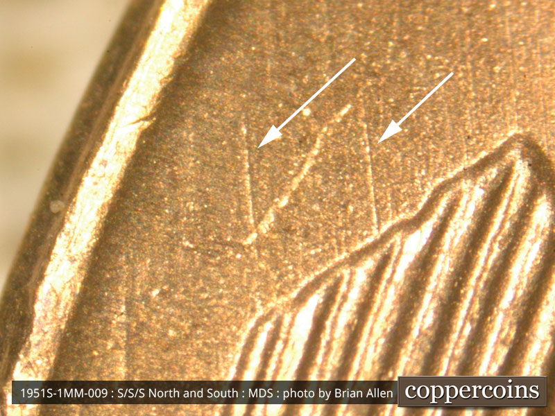 Die-stage B marker on 1951S•1MM•009 (1951 Repunched Mint Mark).