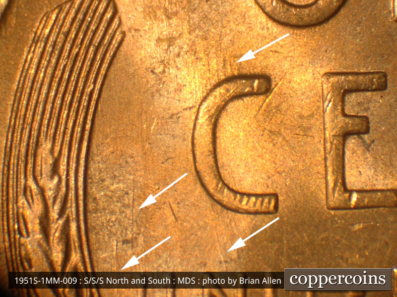 Die-stage B marker on 1951S•1MM•009 (1951 Repunched Mint Mark).