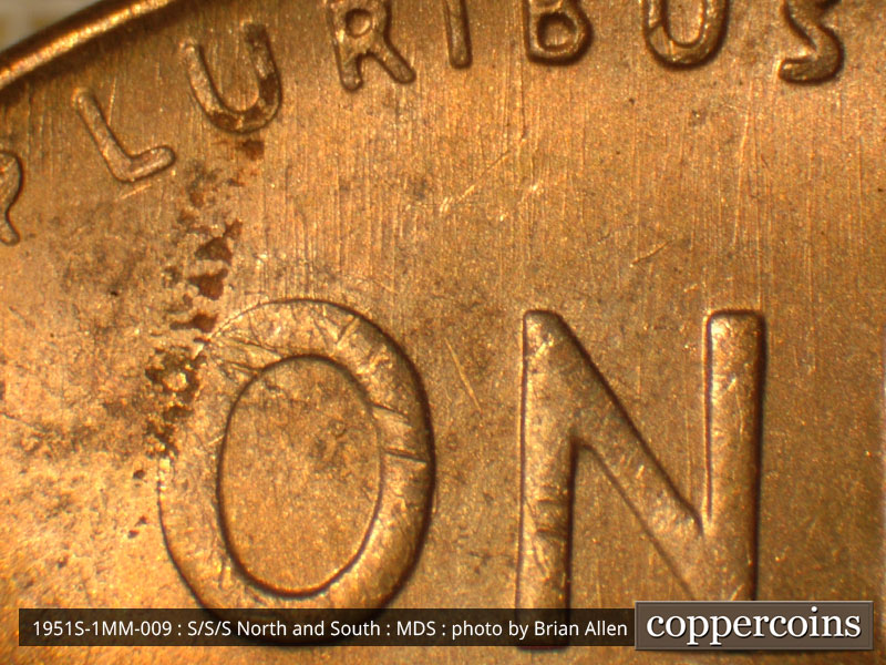 Die-stage B marker on 1951S•1MM•009 (1951 Repunched Mint Mark).