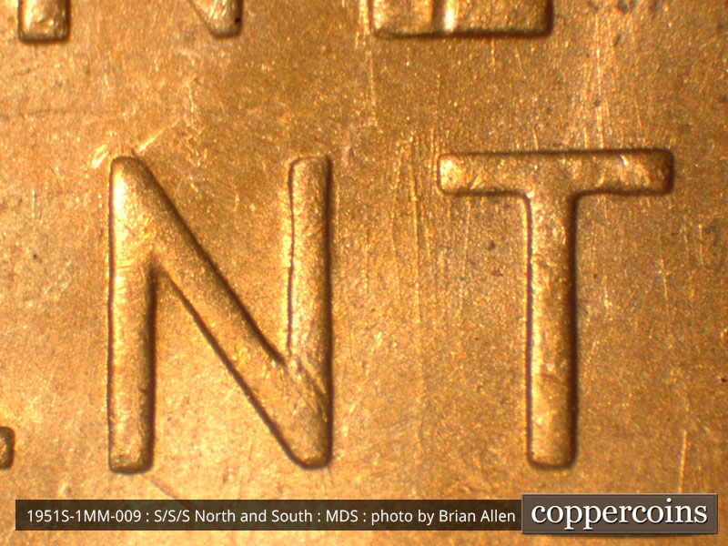 Die-stage B marker on 1951S•1MM•009 (1951 Repunched Mint Mark).