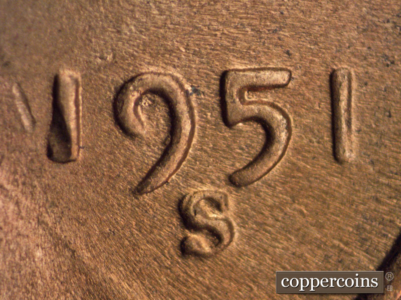 1951 Lincoln cent obverse, CopperCoins die 1951S•1MM•015.