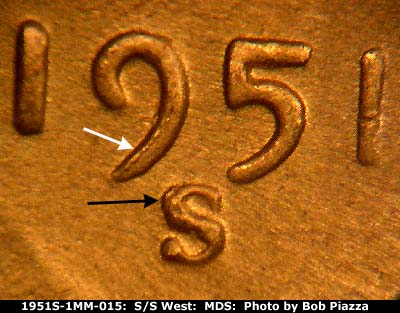 Die-stage C marker on 1951S•1MM•015 (1951 Repunched Mint Mark).