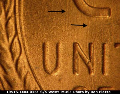 Die-stage C marker on 1951S•1MM•015 (1951 Repunched Mint Mark).