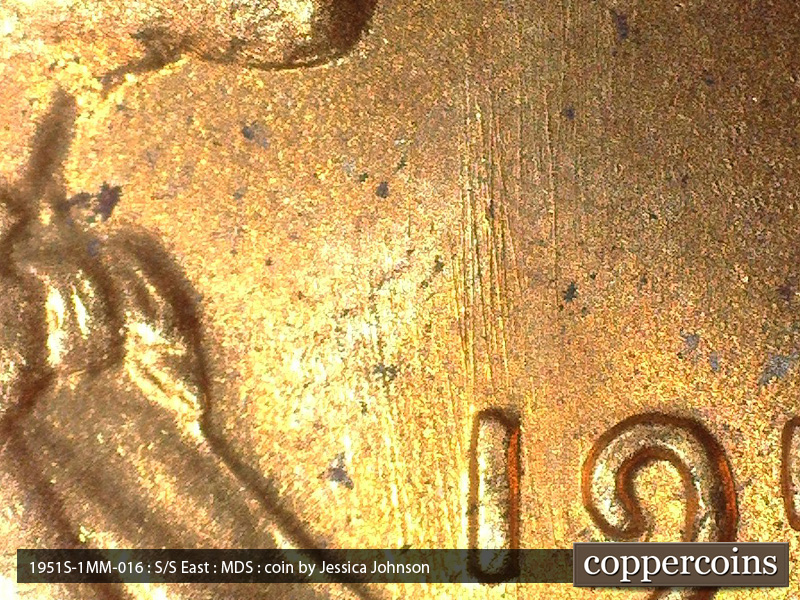 Die-stage B marker on 1951S•1MM•016 (1951 Repunched Mint Mark).