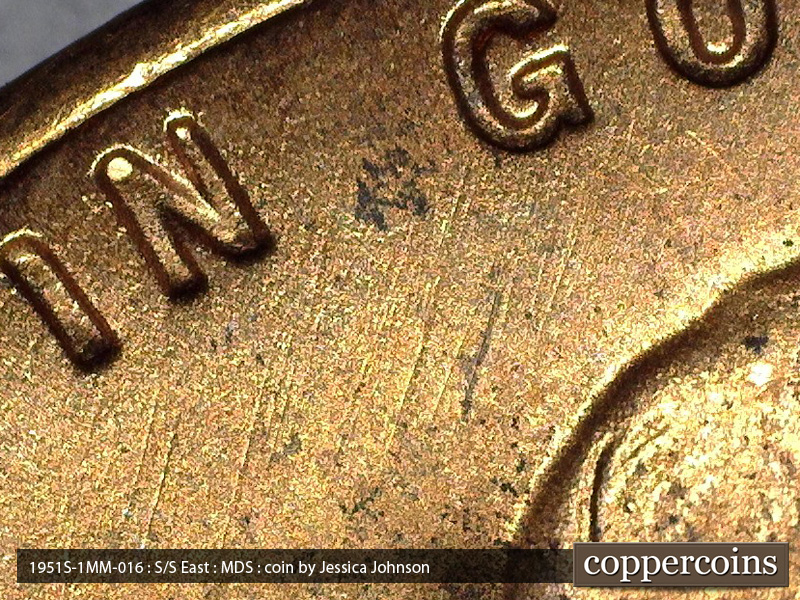 Die-stage B marker on 1951S•1MM•016 (1951 Repunched Mint Mark).