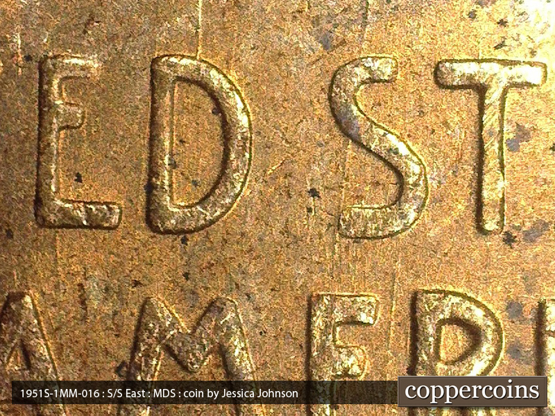 Die-stage B marker on 1951S•1MM•016 (1951 Repunched Mint Mark).
