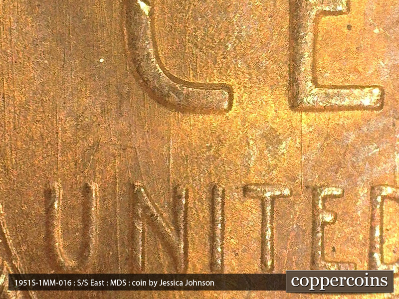 Die-stage B marker on 1951S•1MM•016 (1951 Repunched Mint Mark).