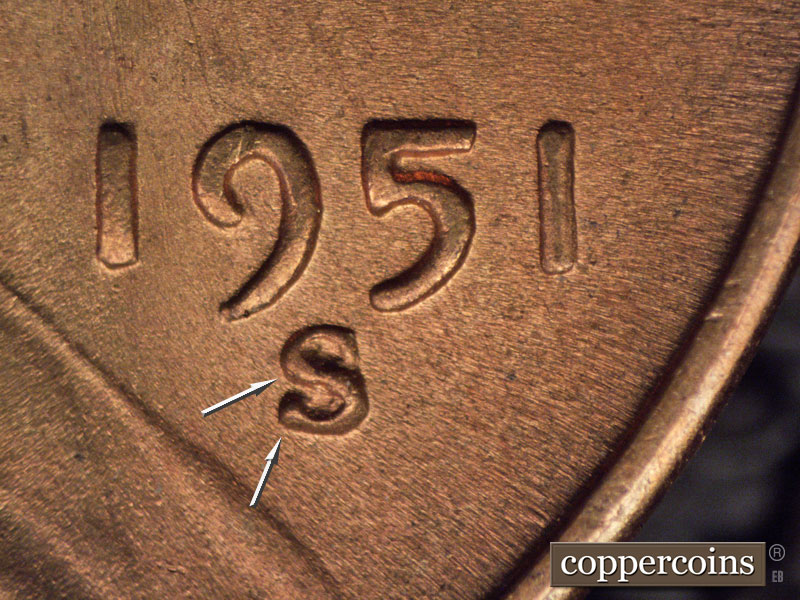 1951 Lincoln cent obverse, CopperCoins die 1951S•1MM•017.