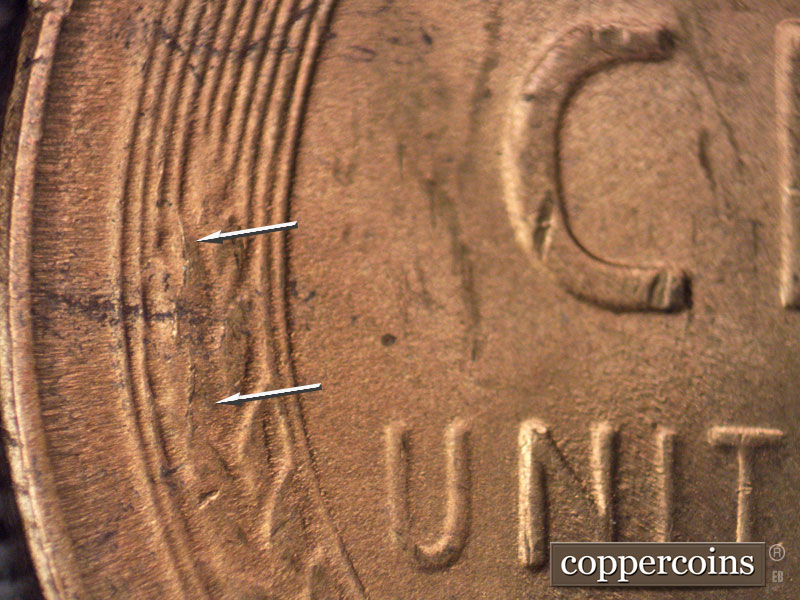 Die-stage B marker on 1951S•1MM•017 (1951 Repunched Mint Mark).