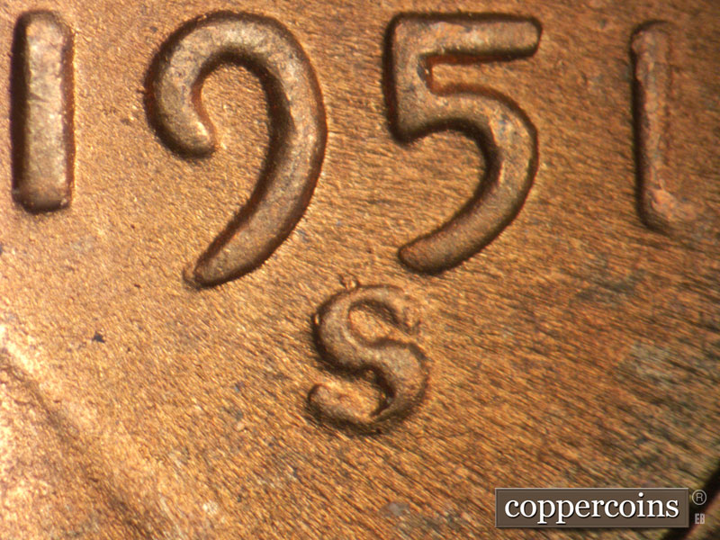 1951 Lincoln cent obverse, CopperCoins die 1951S•1MM•018.