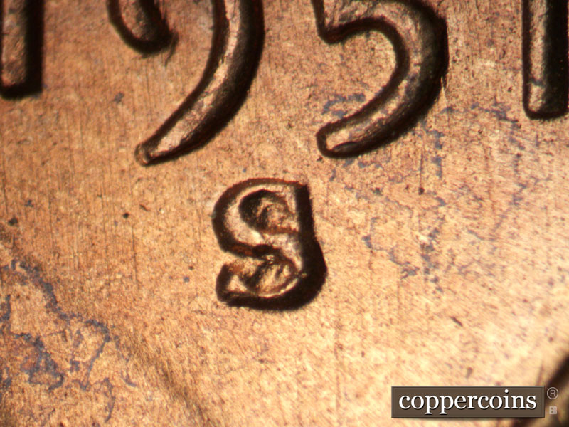 1951 Lincoln cent obverse, CopperCoins die 1951S•1MM•019.