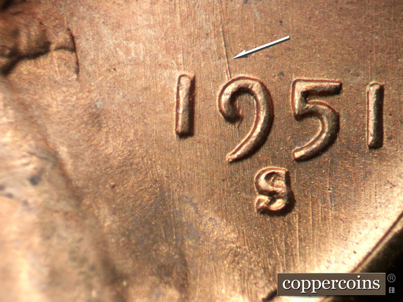 Die-stage B marker on 1951S•1MM•019 (1951 Repunched Mint Mark).