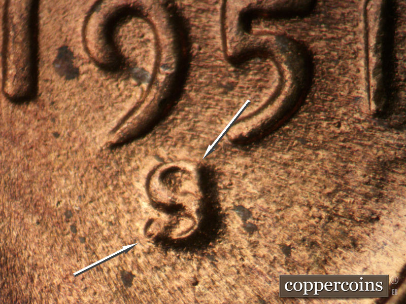 Die-stage C marker on 1951S•1MM•020 (1951 Repunched Mint Mark).