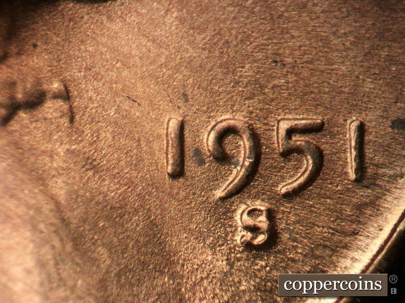 Die-stage C marker on 1951S•1MM•020 (1951 Repunched Mint Mark).
