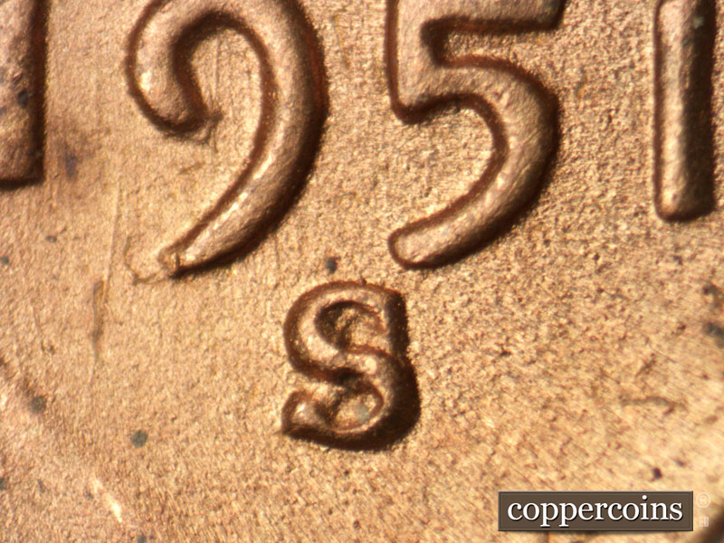 1951 Lincoln cent obverse, CopperCoins die 1951S•1MM•021.