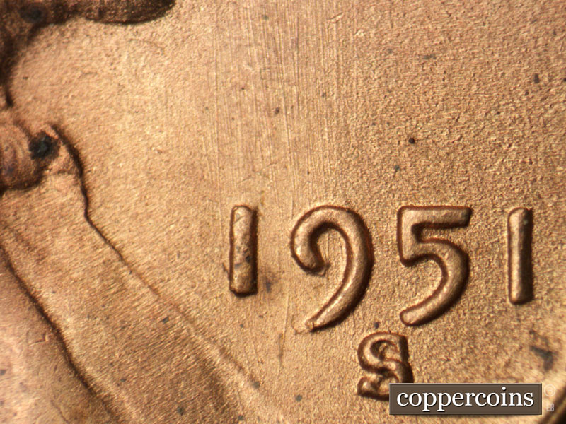 Die-stage B marker on 1951S•1MM•021 (1951 Repunched Mint Mark).