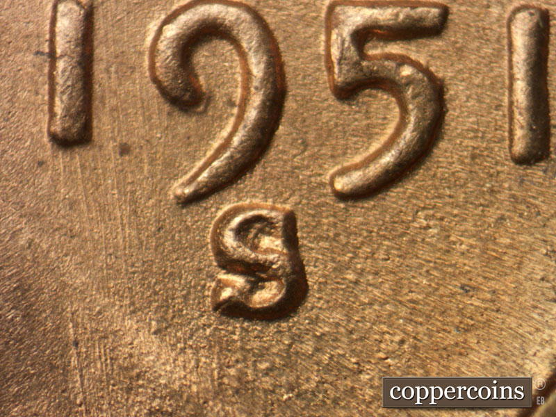 1951 Lincoln cent obverse, CopperCoins die 1951S•1MM•022.
