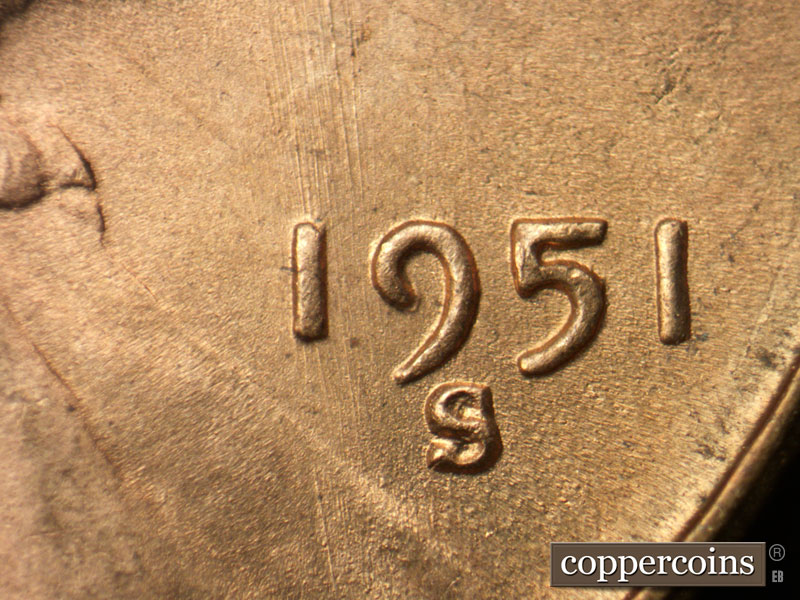 Die-stage B marker on 1951S•1MM•022 (1951 Repunched Mint Mark).