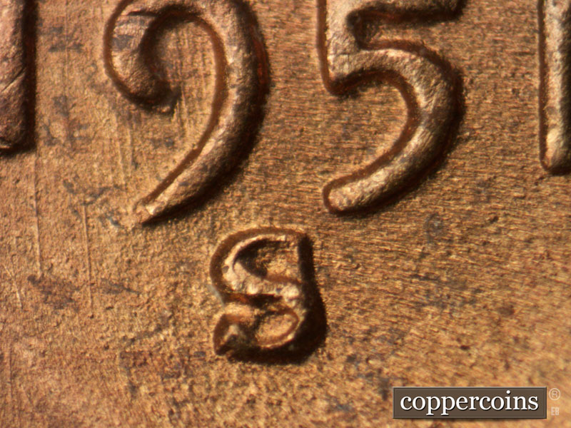 1951 Lincoln cent obverse, CopperCoins die 1951S•1MM•023.