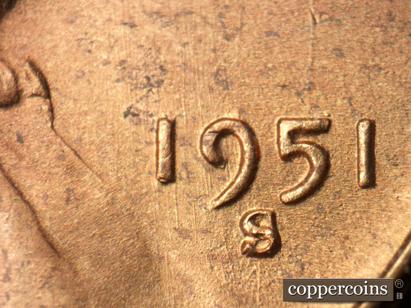 Die-stage B marker on 1951S•1MM•023 (1951 Repunched Mint Mark).