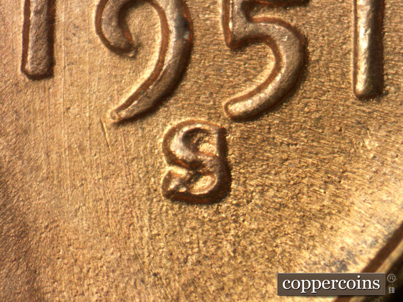1951 Lincoln cent obverse, CopperCoins die 1951S•1MM•024.