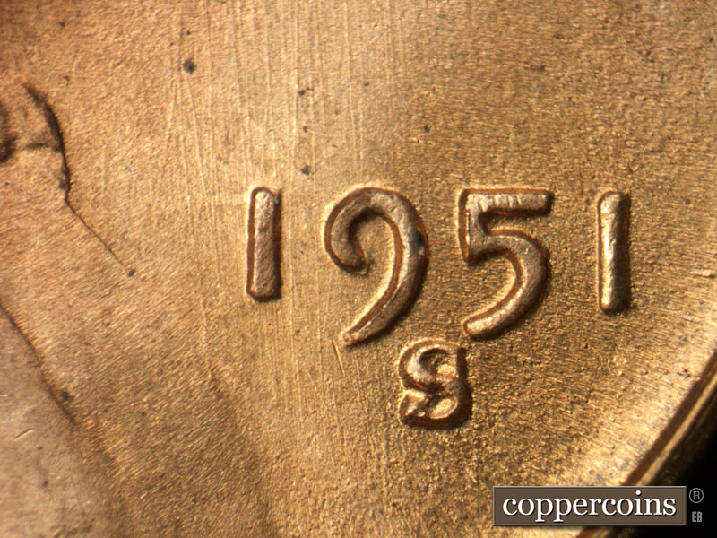 Die-stage B marker on 1951S•1MM•024 (1951 Repunched Mint Mark).