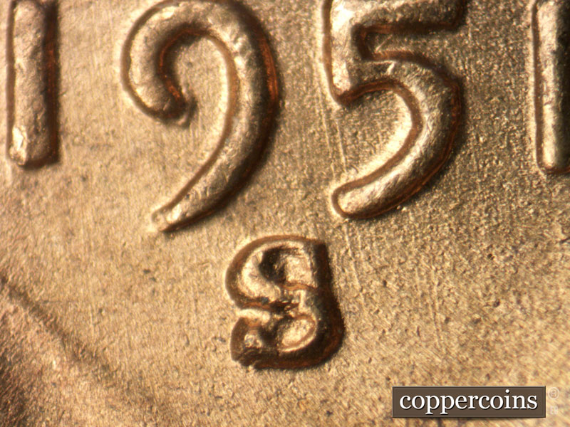 1951 Lincoln cent obverse, CopperCoins die 1951S•1MM•025.