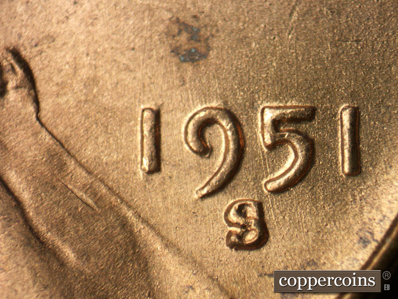 Die-stage B marker on 1951S•1MM•025 (1951 Repunched Mint Mark).