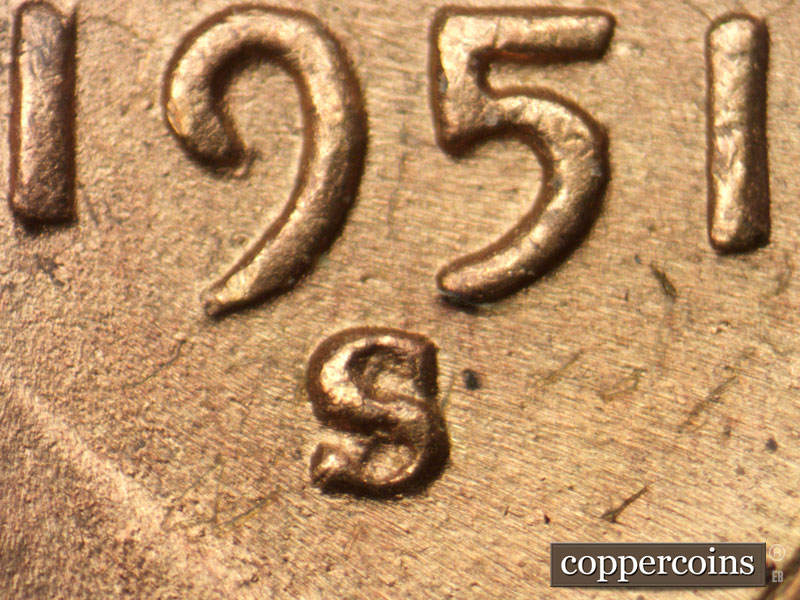 1951 Lincoln cent obverse, CopperCoins die 1951S•1MM•026.