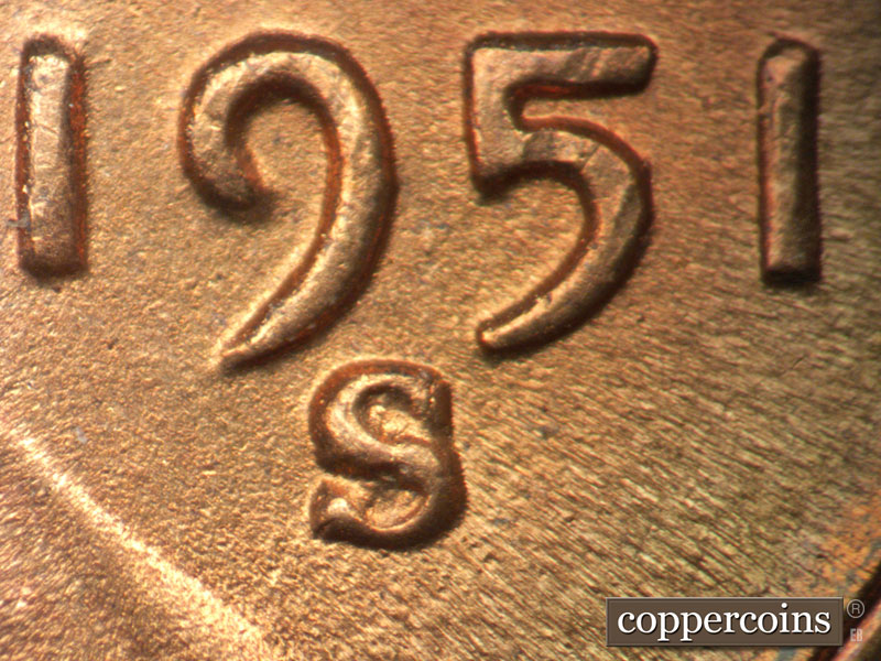 1951 Lincoln cent obverse, CopperCoins die 1951S•1MM•027.
